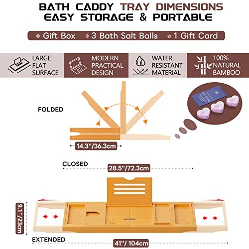 Lux Expandable Bathtub Tray Caddy with 3 Bath Bombs-Self Care A-bamboo-gift Set