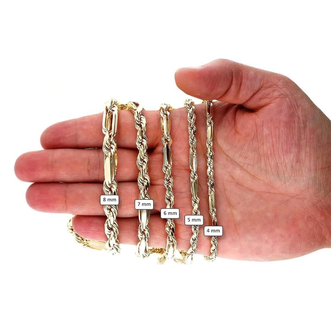 10K Solid Gold Diamond-Cut 4-8mm Milano Figaro Rope Chain (Hollow) 20-32″
