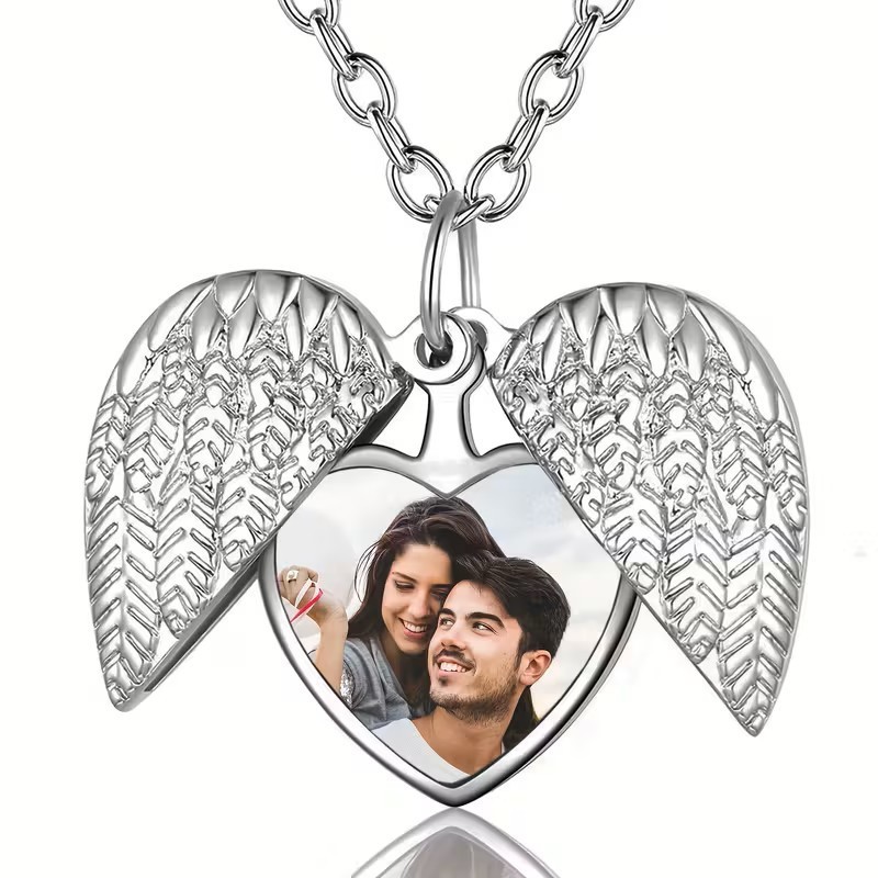 Silver Angel Wings Heart Photo Locket Necklace Memorial Keepsake Gift Pendant