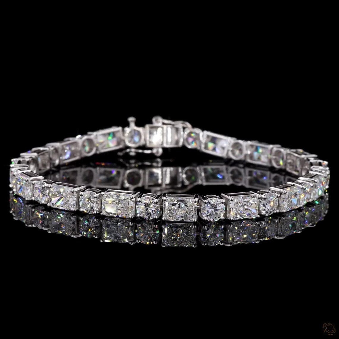 24 CT Radiant & Round Cut Moissanite Tennis Bracelet – Unisex 14K White Gold or
