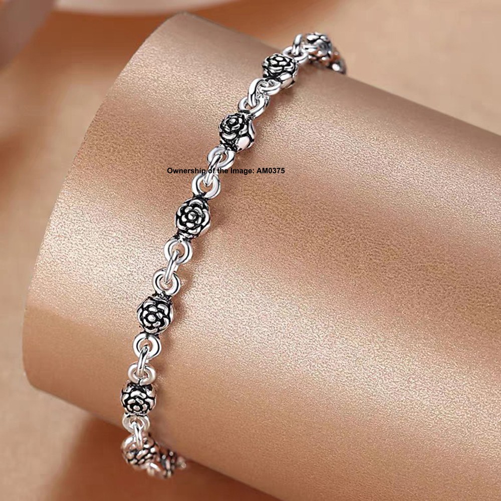 Gift-Ready Pure 925 Sterling Silver ROLO Chain Bracelet with Rose Pattern Beads
