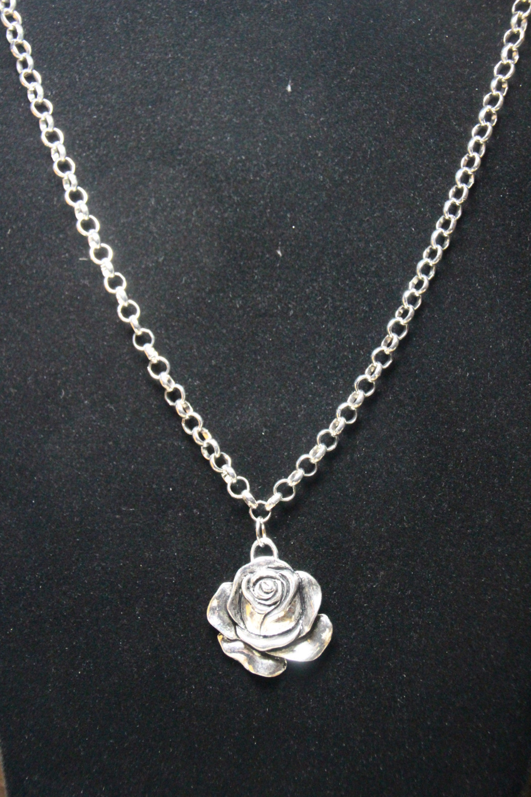 Rose Charm Pendant Pewter & Stainless Steel Chain 18″ Flower Pendant necklace