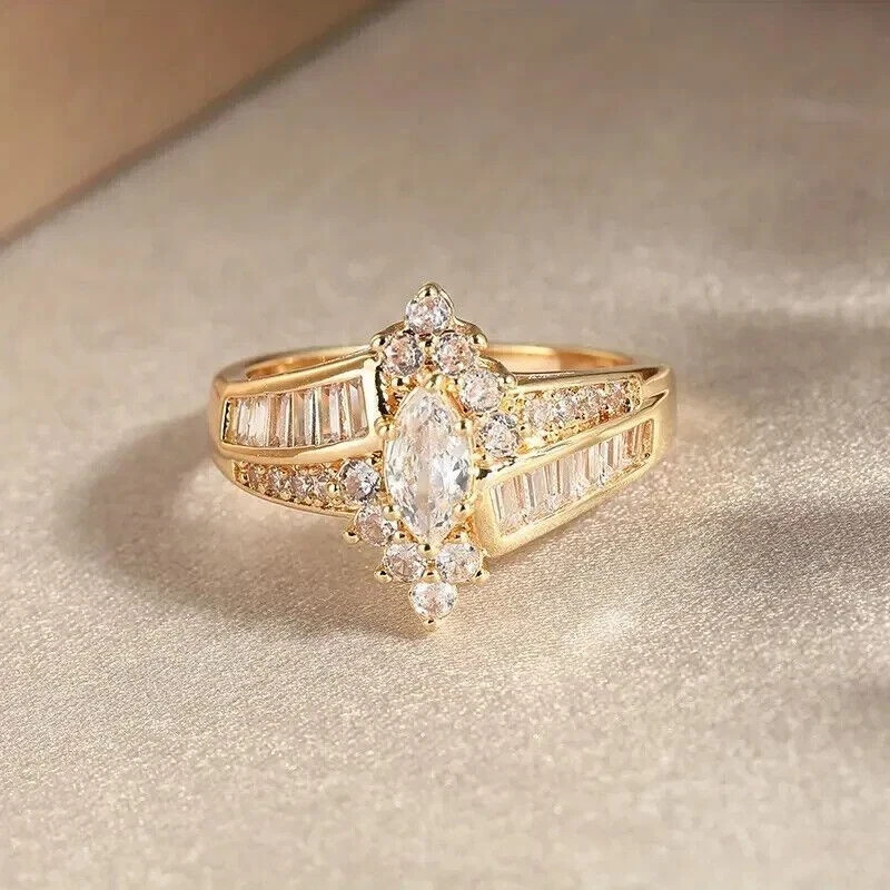 2 Ct Marquise Cut Simulated Diamond Engagement Halo Ring 14k Yellow Gold Plated