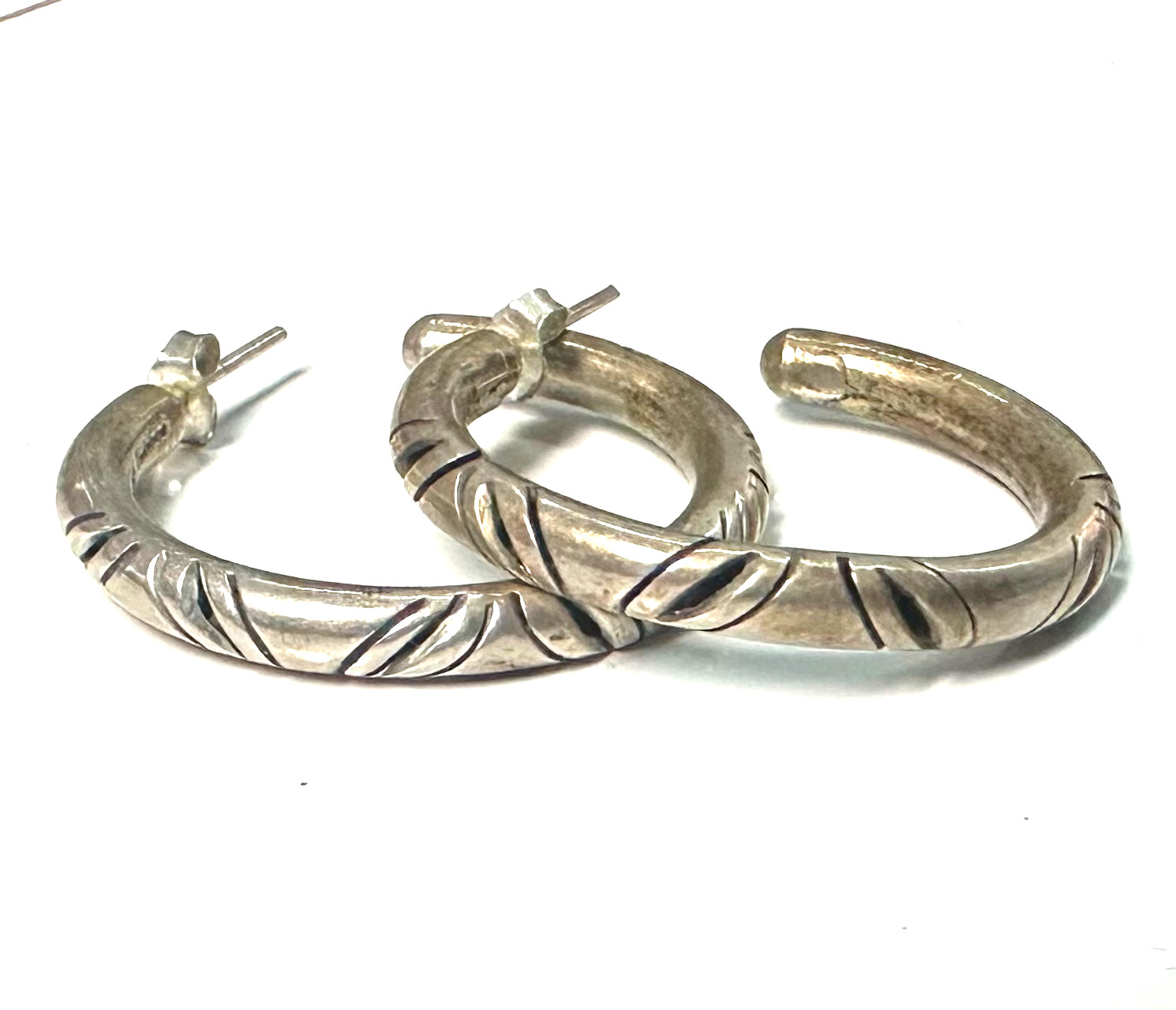 Signed MWS Mexico Hoop Earrings 925 Large Etched Hoops Sterling Silver 925 #10