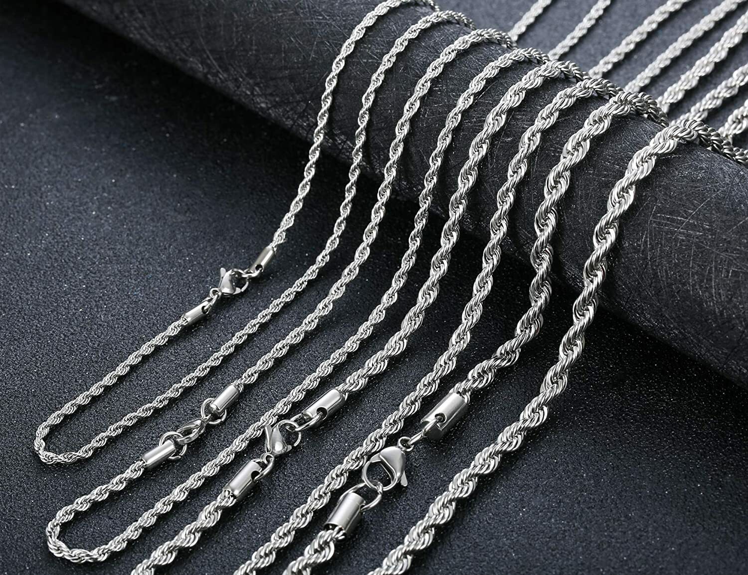 Stainless Steel Silver Rope Chain Bracelet Necklace Men Women 2mm, 3mm, 4mm, 5mm