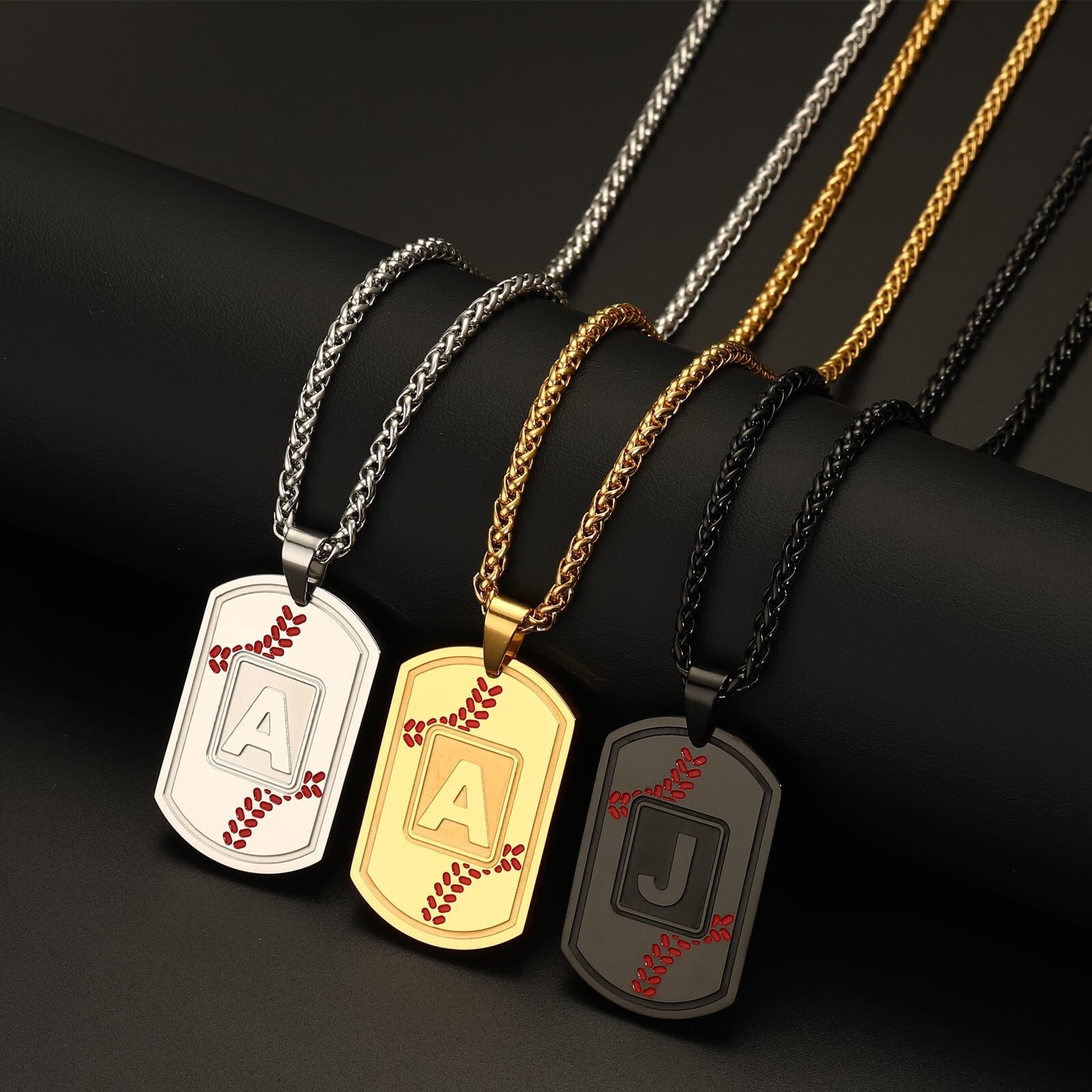 Baseball Initial Necklace for Men Dog Tag Stainless Steel Sliver/Black/Gold L…