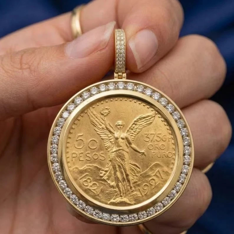50 Pesos Pendant Lab Created Diamond Bezel 14K Gold Plated Centenario Medallion