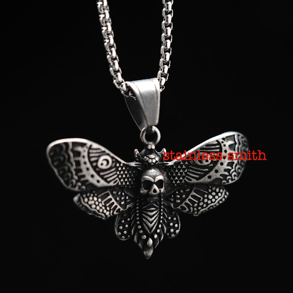 SMITH Vintage Luna Moon Death Moth Pendant Necklace For Women Stainless Steel