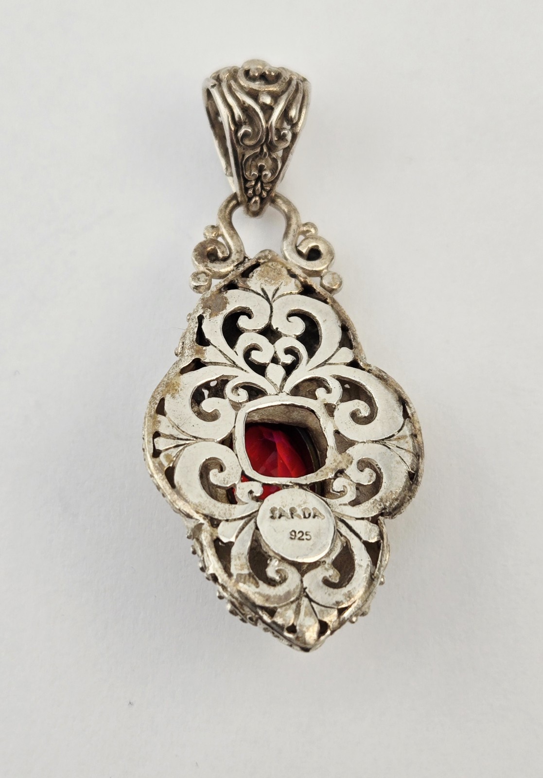 Sterling Silver Red Gemstone Sarda Filigree Pendant Bali Enhancer – 12.0g