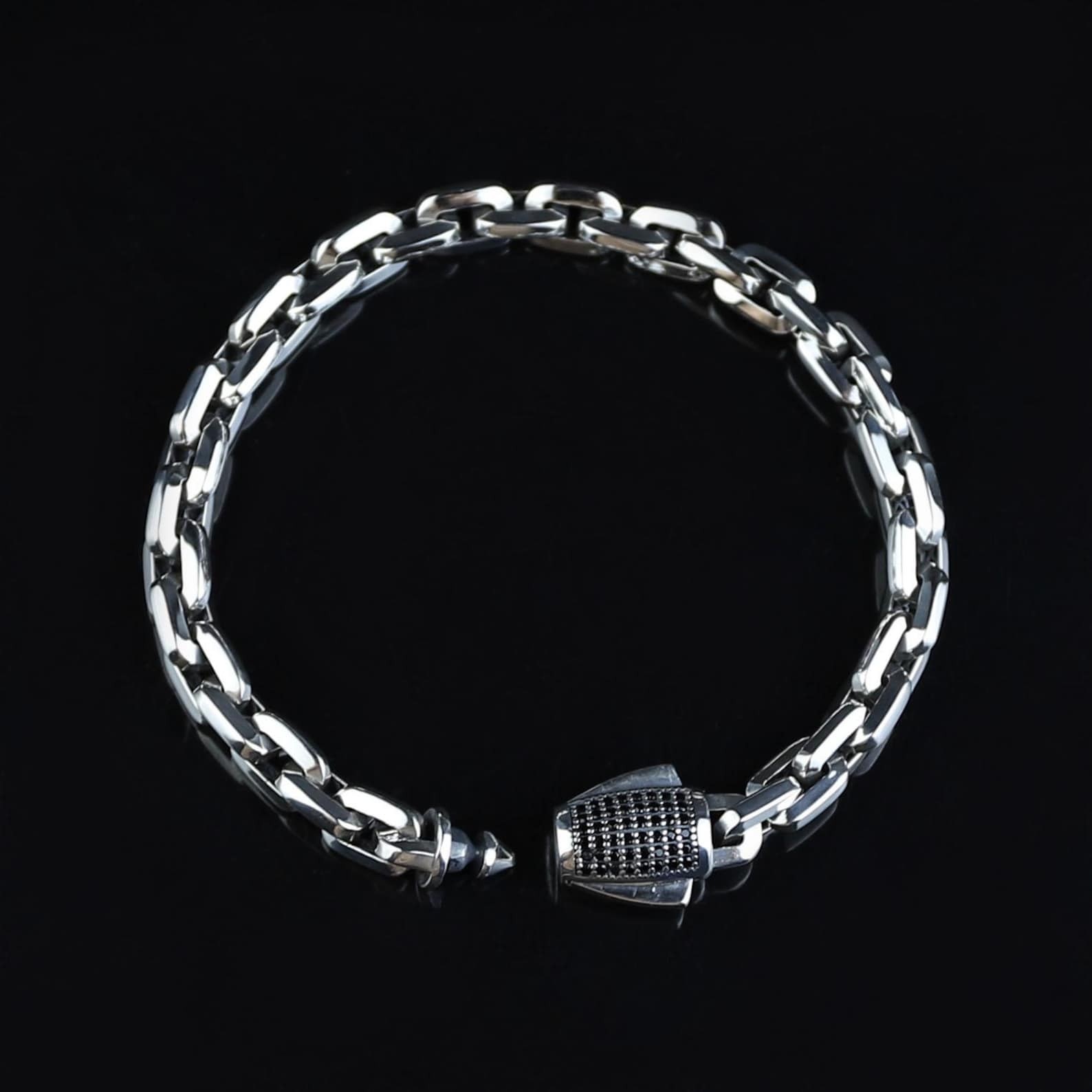 925 Sterling Silver Onyx Cable Chain Bracelet Men Handmade Anchor Link Biker