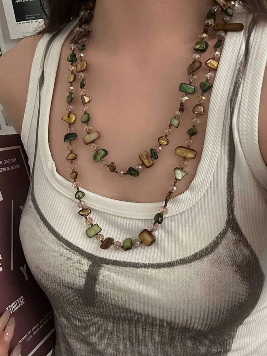 Boho Shell Necklace Double Layer Beaded Beach Jewelry Women Vintage