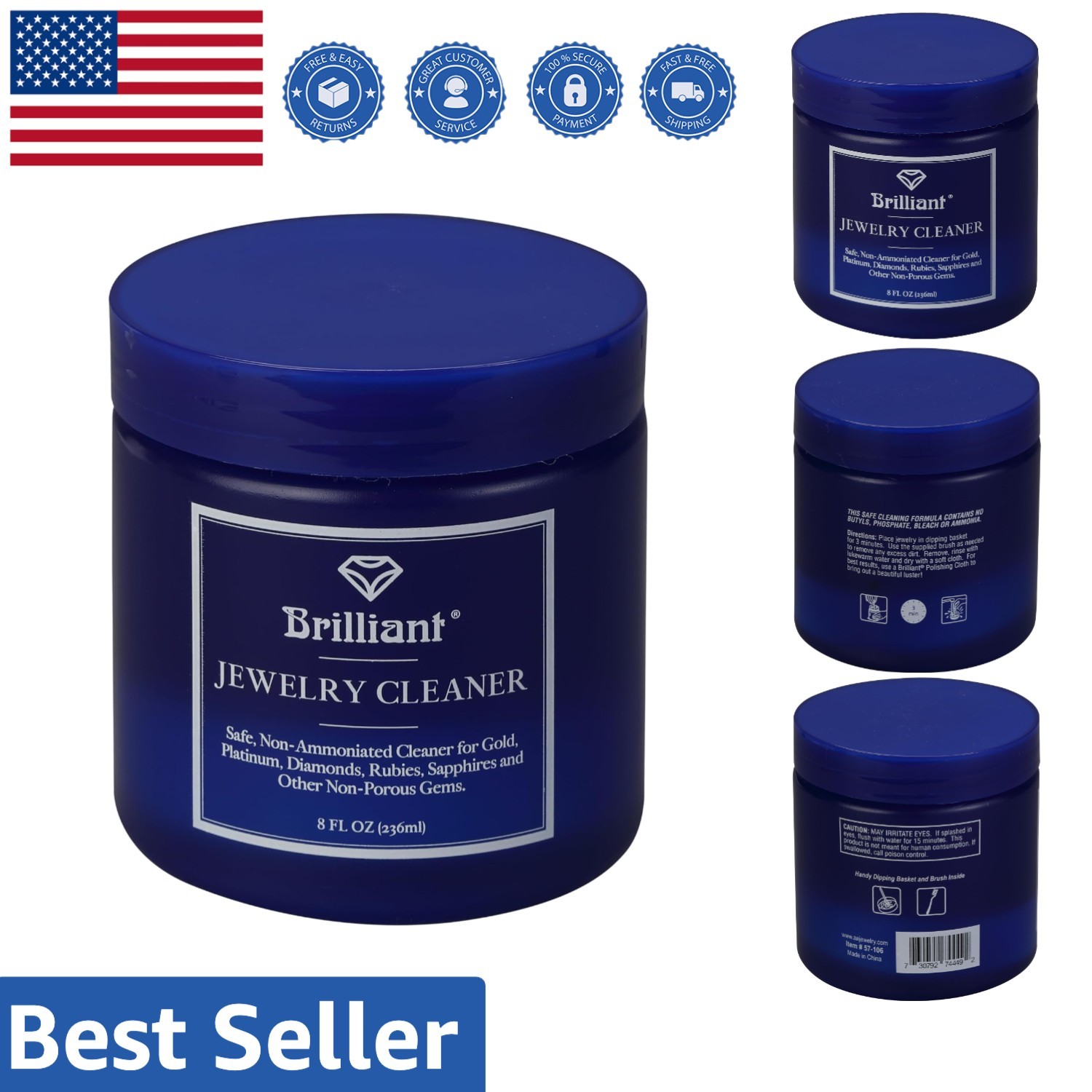 Non-Toxic Jewelry Cleaner – 8oz Ammonia-Free Solution with Brush & Basket