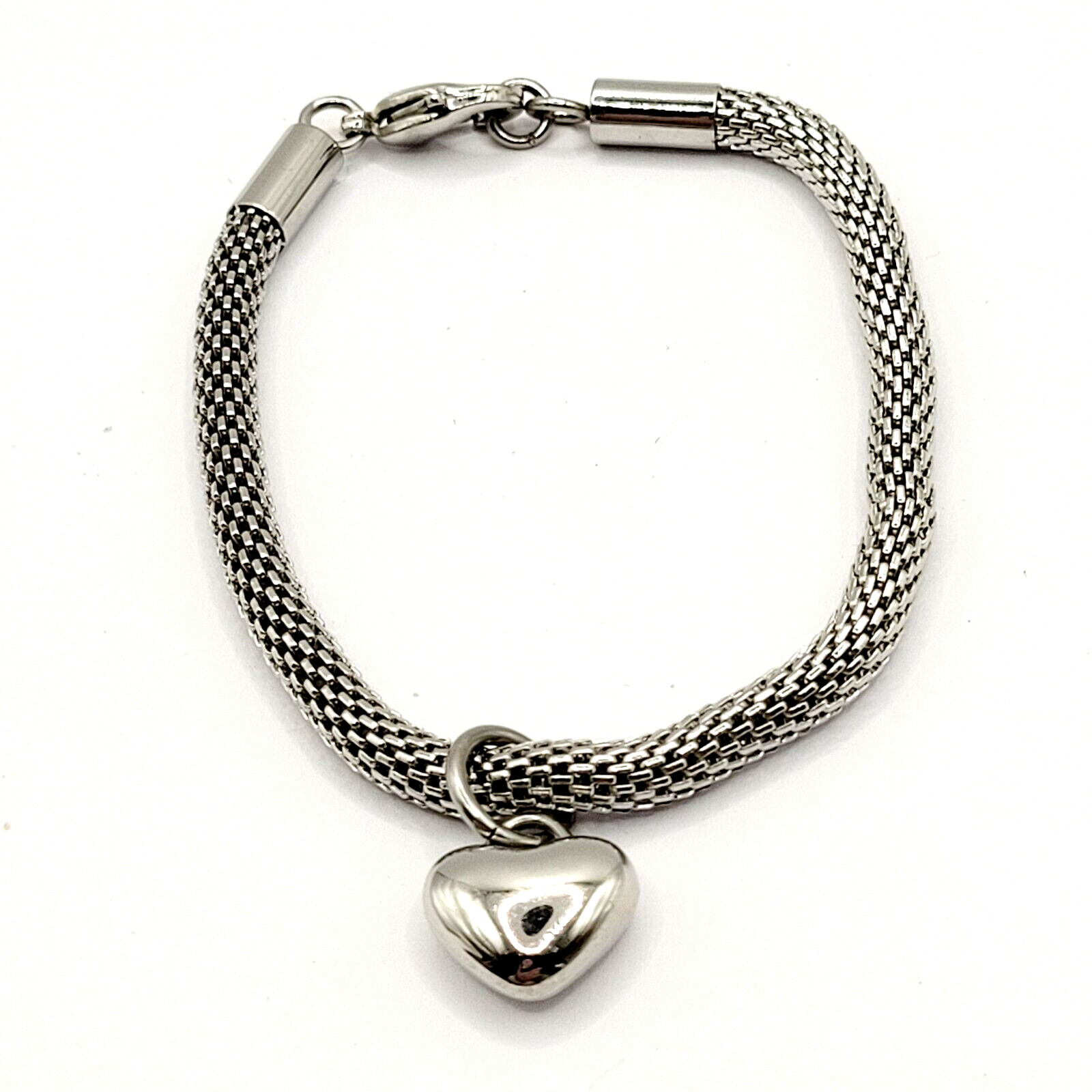 Puffy Heart Polished Charm Dangle on Silver Tone Stainless Mesh Bracelet 7 Inch