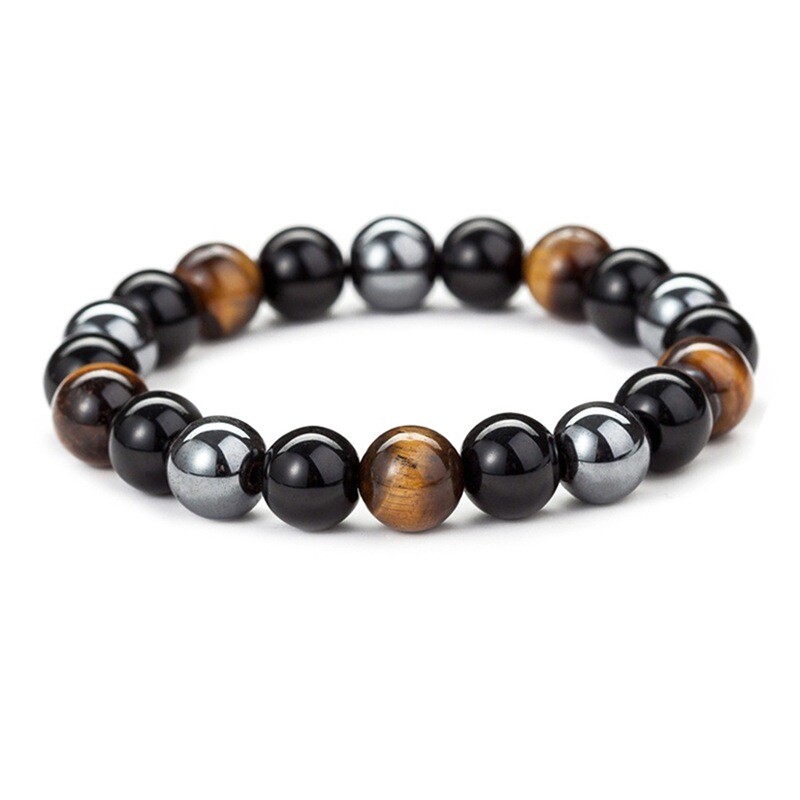 10mm Beaded Triple Protection Tiger Eye Obsidian Hematite Men Stretchy Bracelet