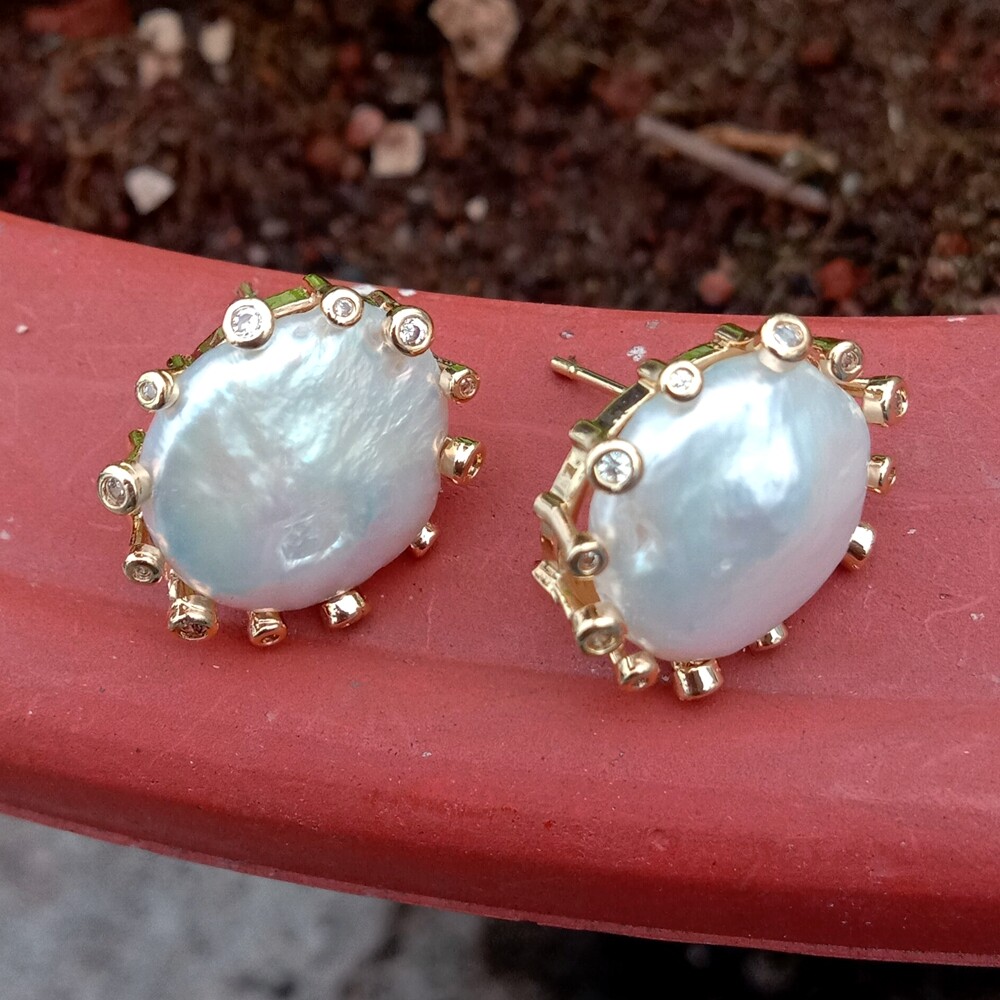 Cultured White Coin Pearl Gold Plated Cz Pave Stud Earrings