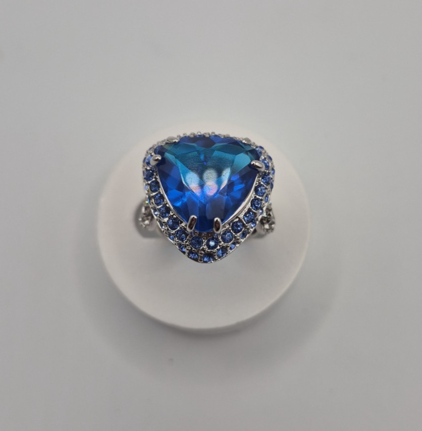 Dark Blue Silver Tone Multi Hue Glass Fashion Costume Ring Size 6 Heavy