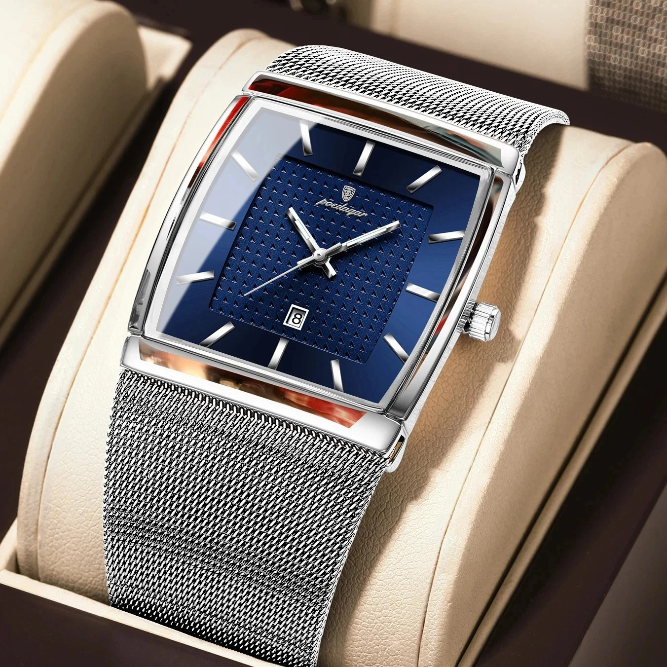 Luxury Men’s Watch Rectangle Steel Mesh Waterproof Luminous Date Quartz