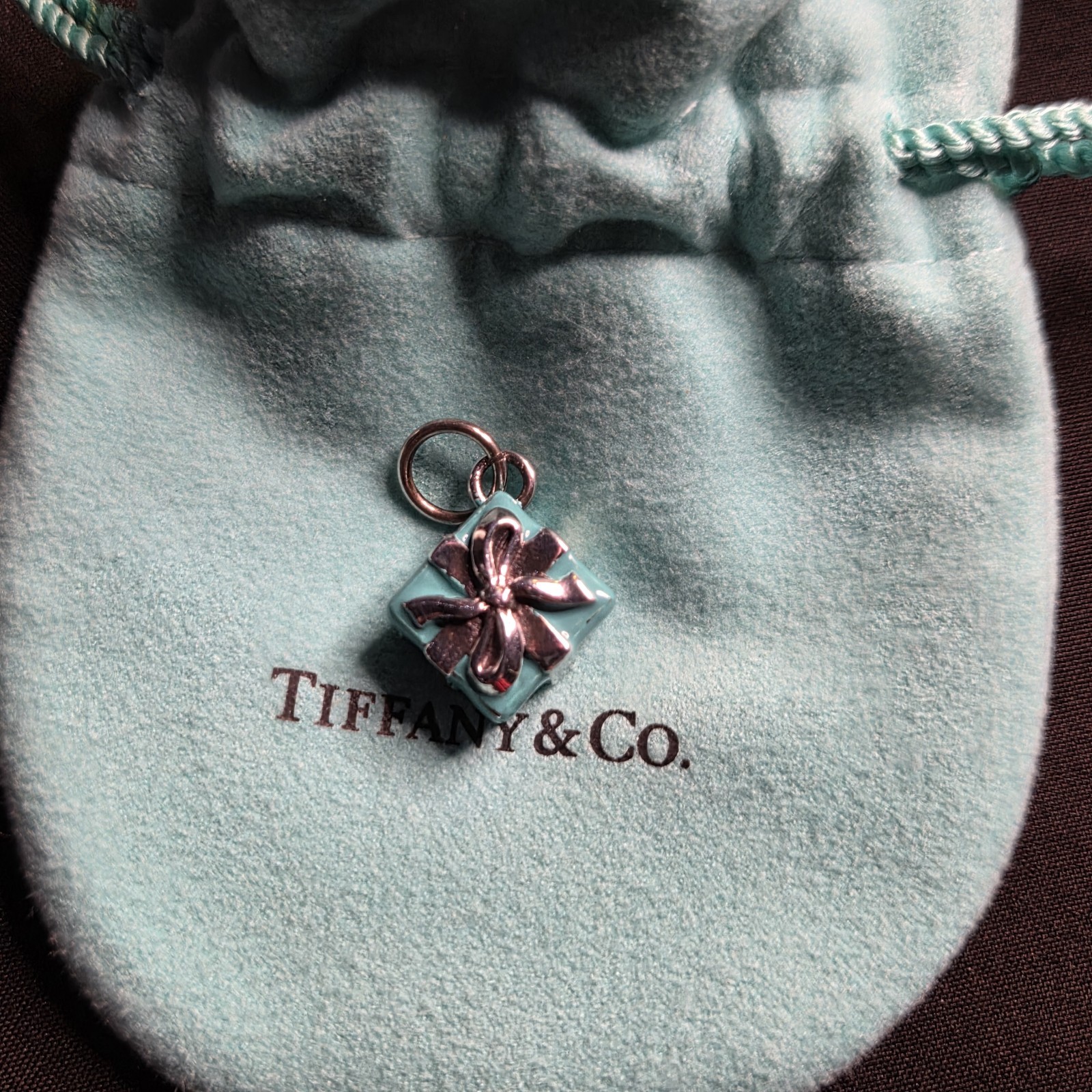 Tiffany & Co. Blue Enamel Present Gift Box Charm Pendant Sterling Silver