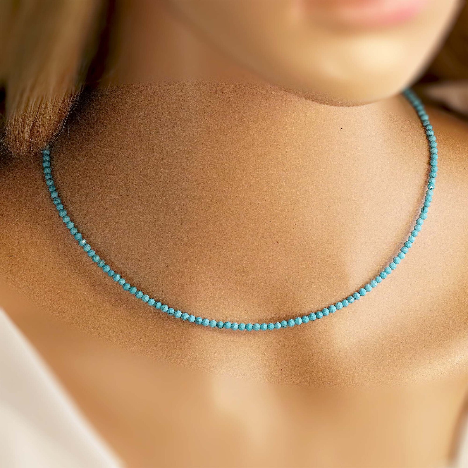 Tiny Turquoise Faceted Beaded Choker, 2mm Blue Natural Gemstone Beaded Necklace