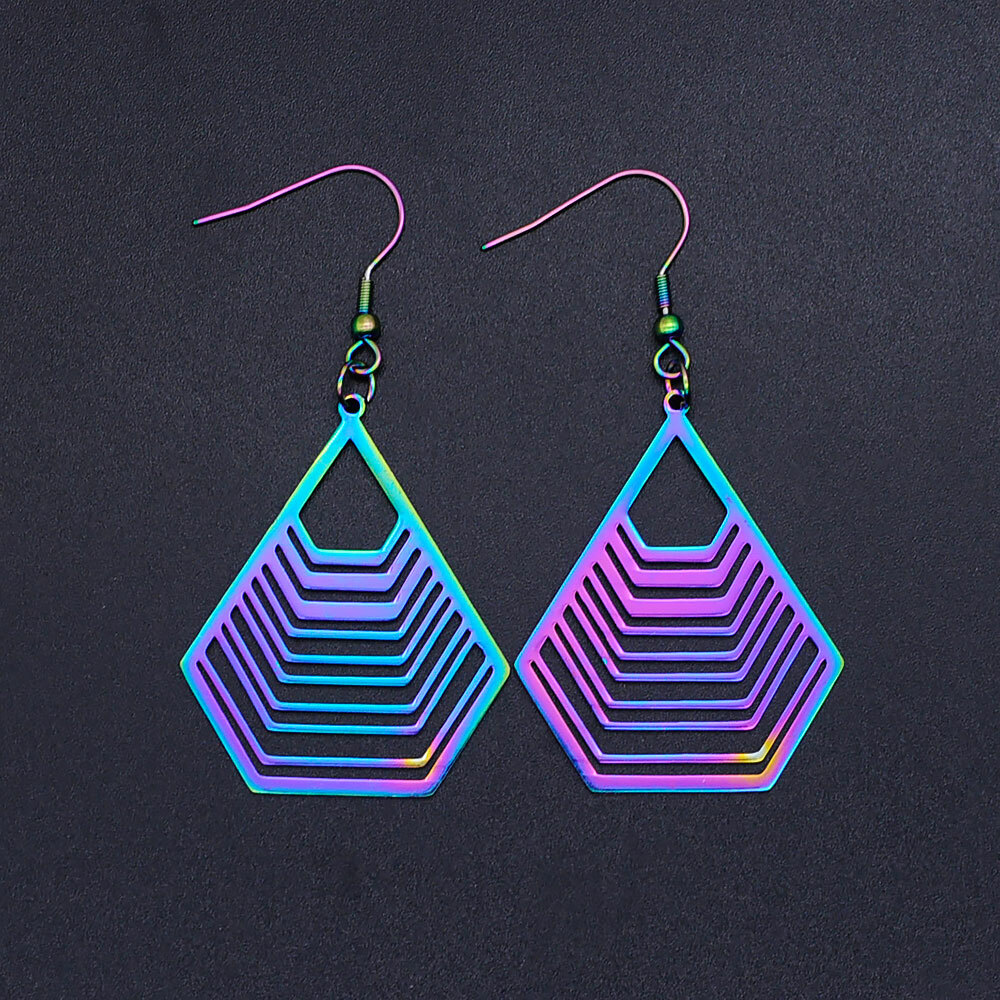 201 Stainless Steel Dangle Earrings Polygon Multi-color 64×32.5mm 0.7mm P194