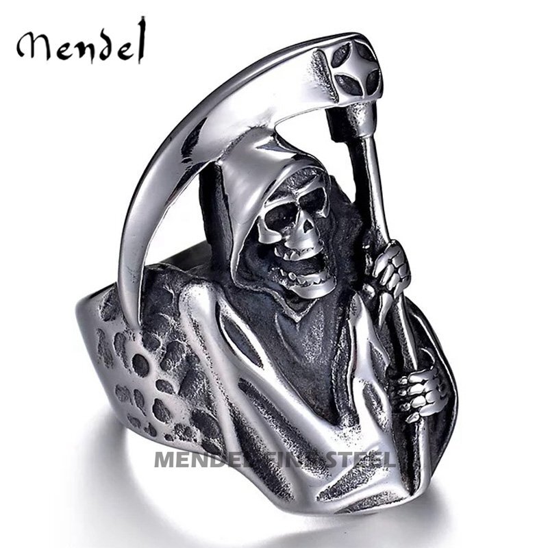 MENDEL Mens Biker Goth Death Skull Grim Reaper Ring Stainless Steel Size 8-15