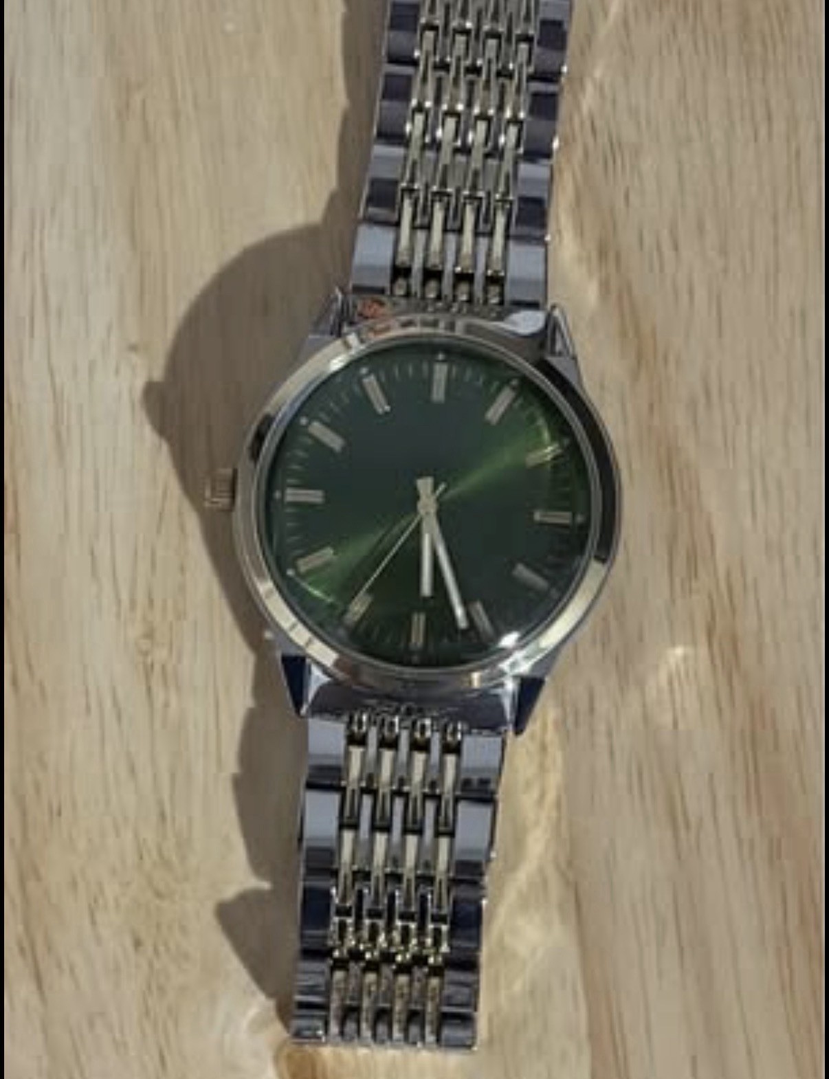 Green Dial Silver Metal Bracelet Analog Round Wristwatch Stick Indexes