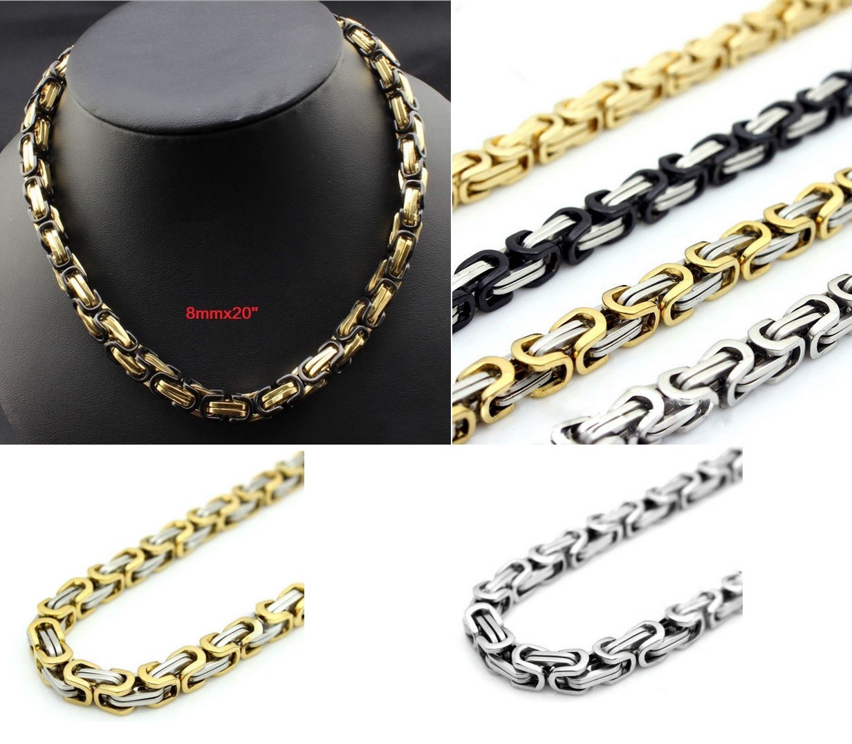 8MM Men Boy Chain Byzantine Box Link Silver Gold Stainless Steel Necklace 20″ ST