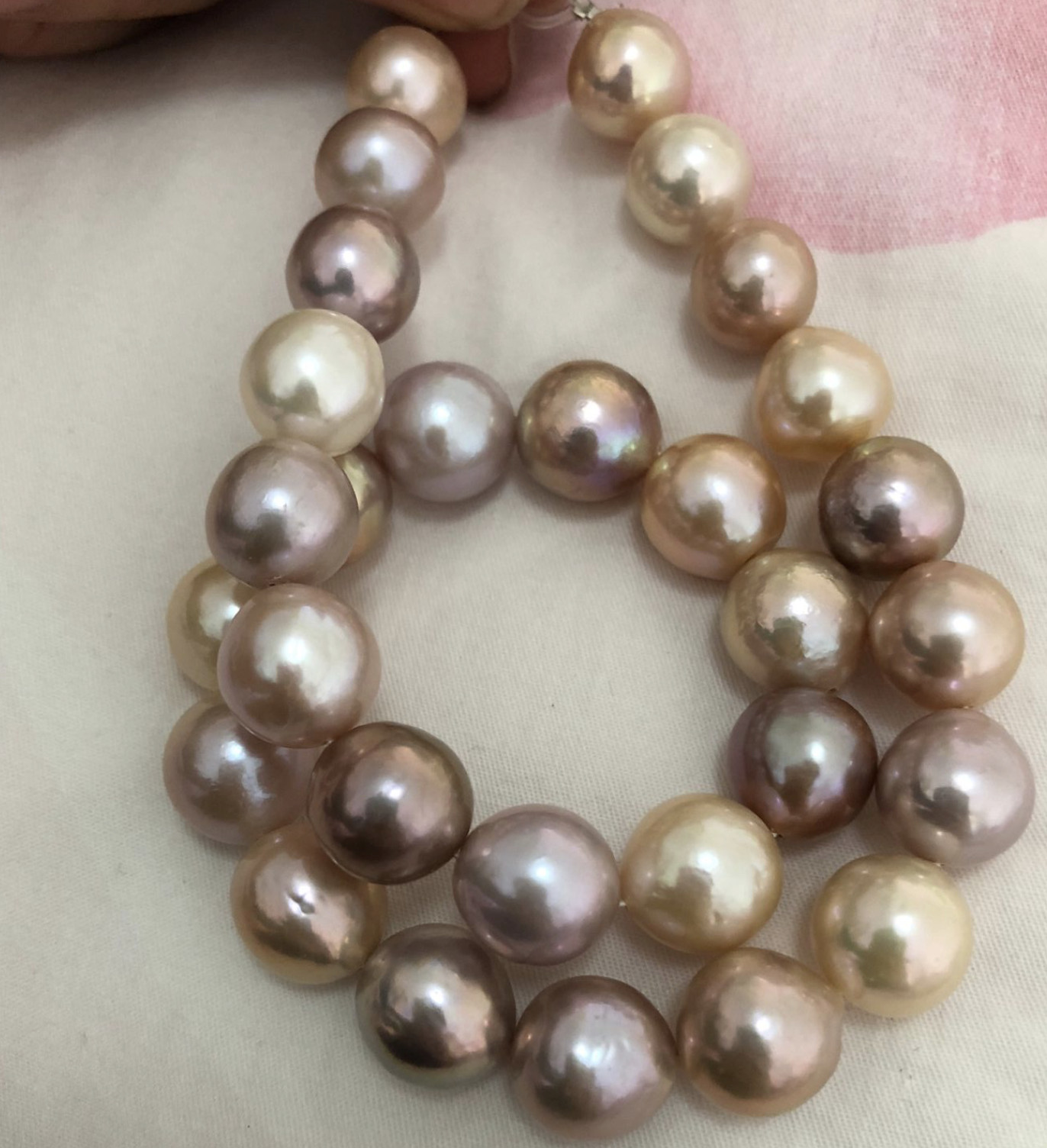 Huge 18″12-15mm south sea genuine gold pink purple lavender round pearl necklace