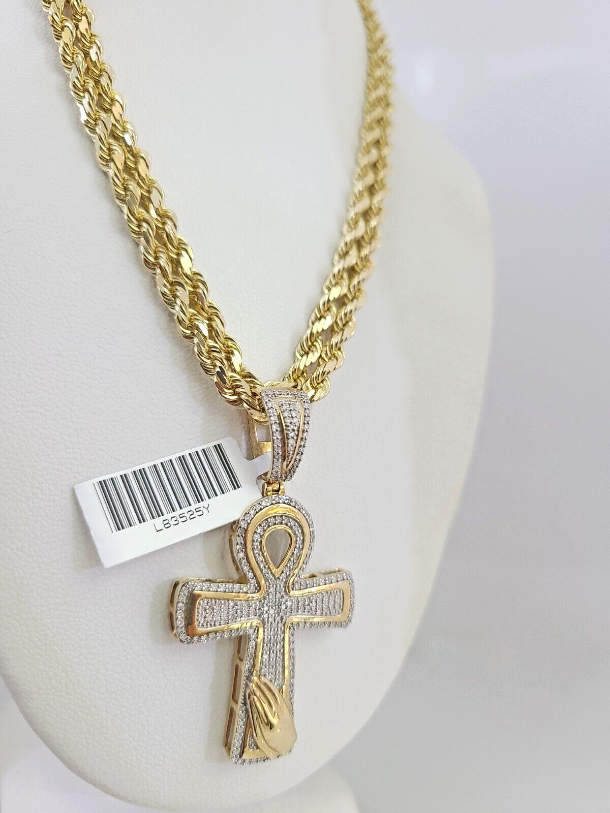 10k Solid Rope Chain Ankh Cross Charm Diamond Set 4mm 20″-28″ Necklace Gold