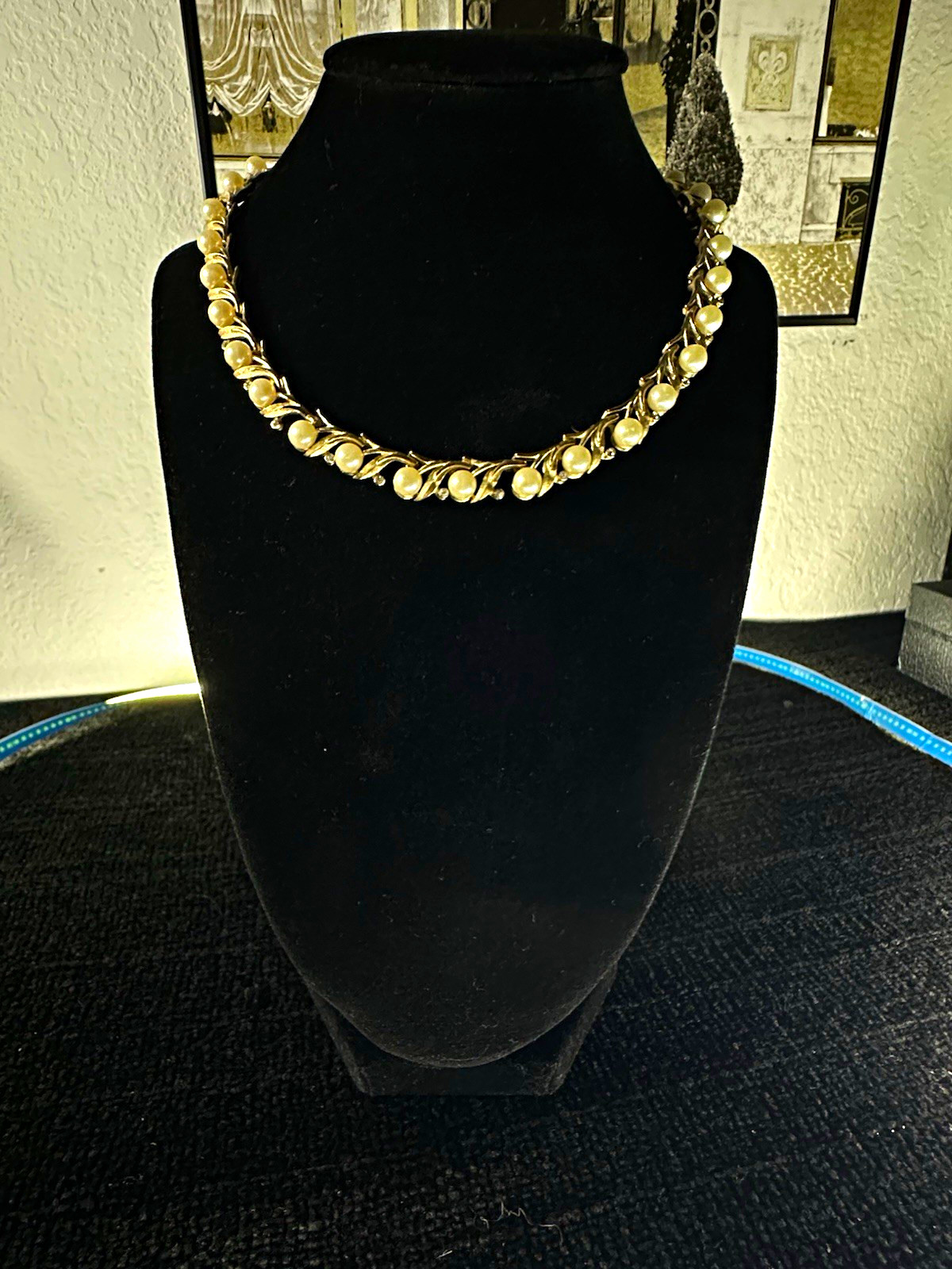 Vintage Crown Trifari Signed brushed Gold Tone Faux Pearl with rhinestone.