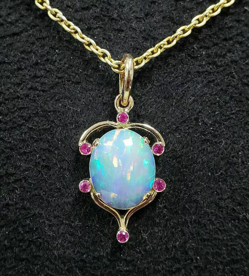 3Ct Oval Opal Ruby Diamond Solitaire Pendant With Chain 14K Yellow Gold Finish
