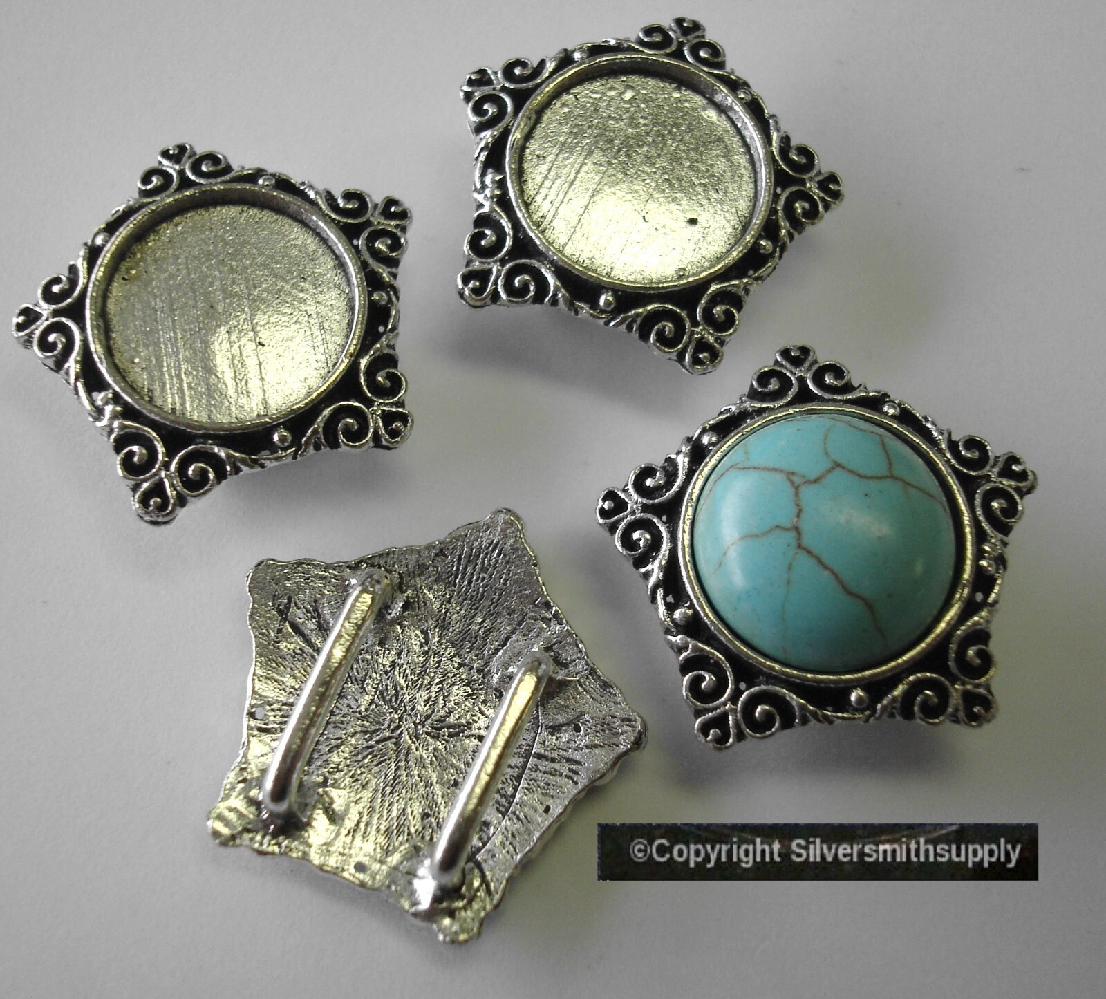 4 Bezel tray settings Silver pl hold 14mm cabochon pendant charm bracelet FPS139