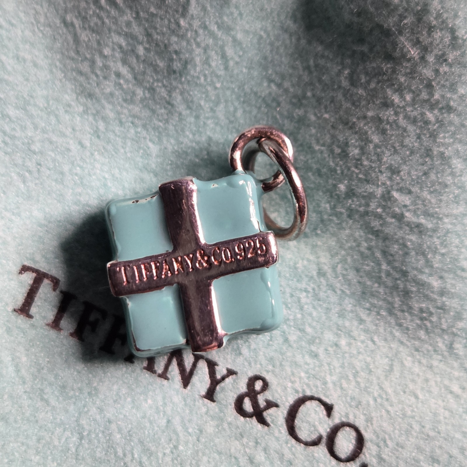 Tiffany & Co. Blue Enamel Present Gift Box Charm Pendant Sterling Silver