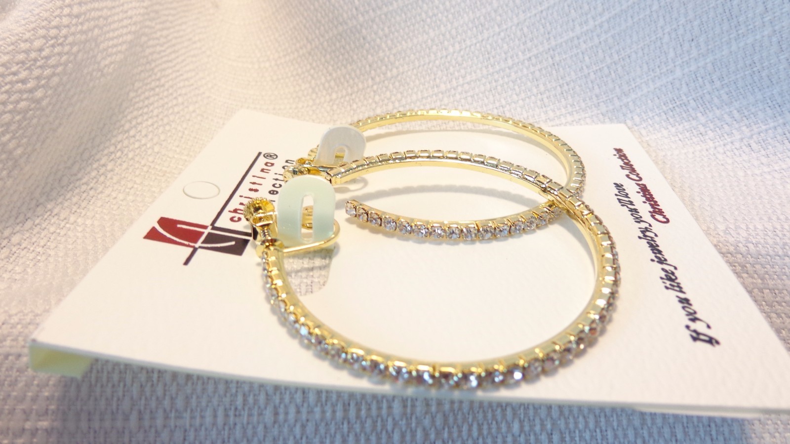 CLIP-ON EARRINGS 2.25 INCH HOOP CRYSTAL EARRINGS RHINESTONE SILVER OR GOLD TONE