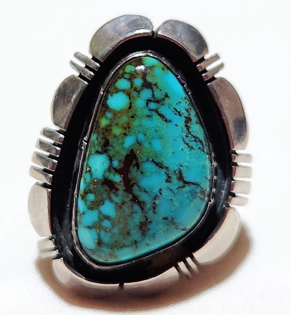 Artist Signed Platero Navajo Morenci Turquoise Shadow Box Sterling Silver Ring