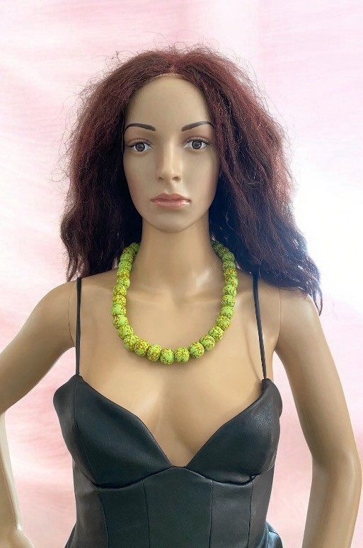 Handmade African Green Recycled Chunky Glass Beaded Necklace 22.5in