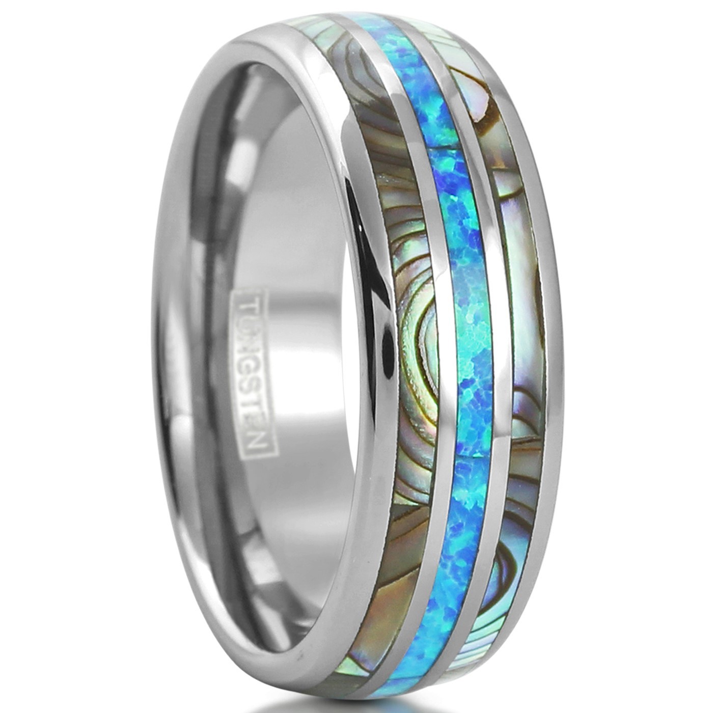 8mm Tungsten Carbide Men’s Abalone and Hawaiian Blue Opal Wedding Band Ring