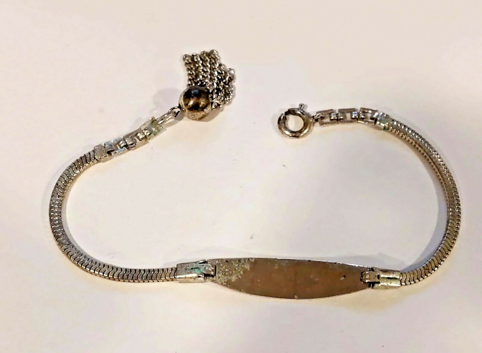 Antique Retro Silver ID Identification Plaque Bracelet with Charm Dangle #SEAD