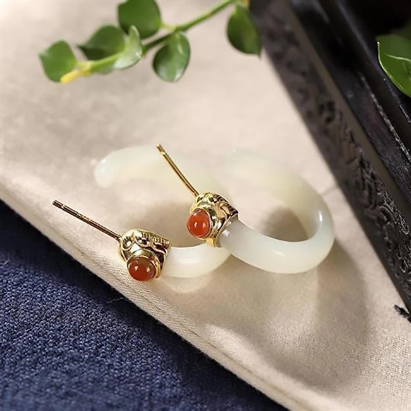 Natural White Jade Gemstone Hoop Earrings 925 Sterling Silver