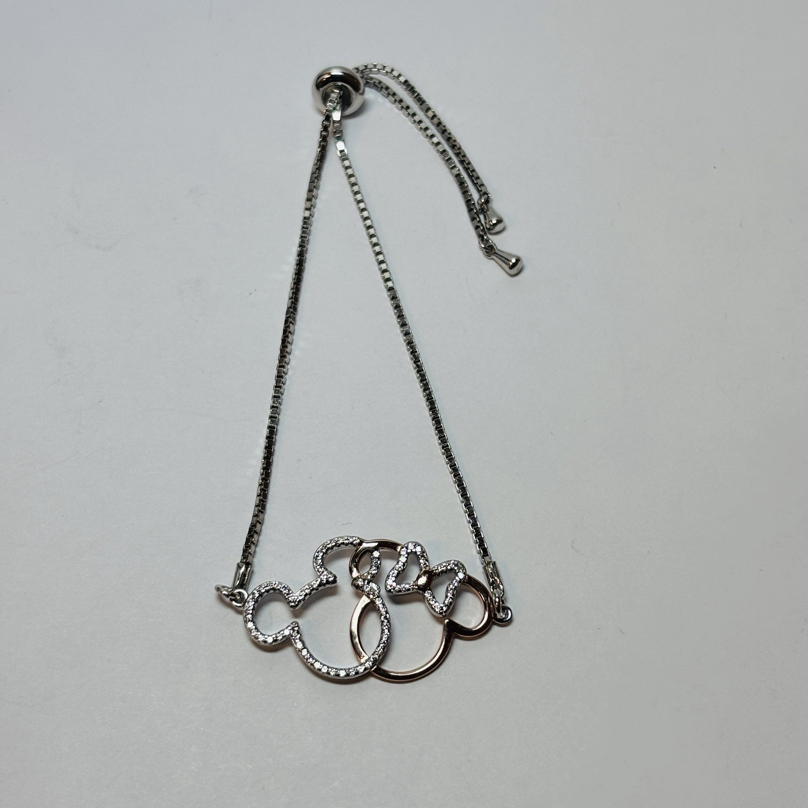 Disney Sterling Silver Mickey and Minnie Icon CZ Bolo Bracelet 7-9 in -.16