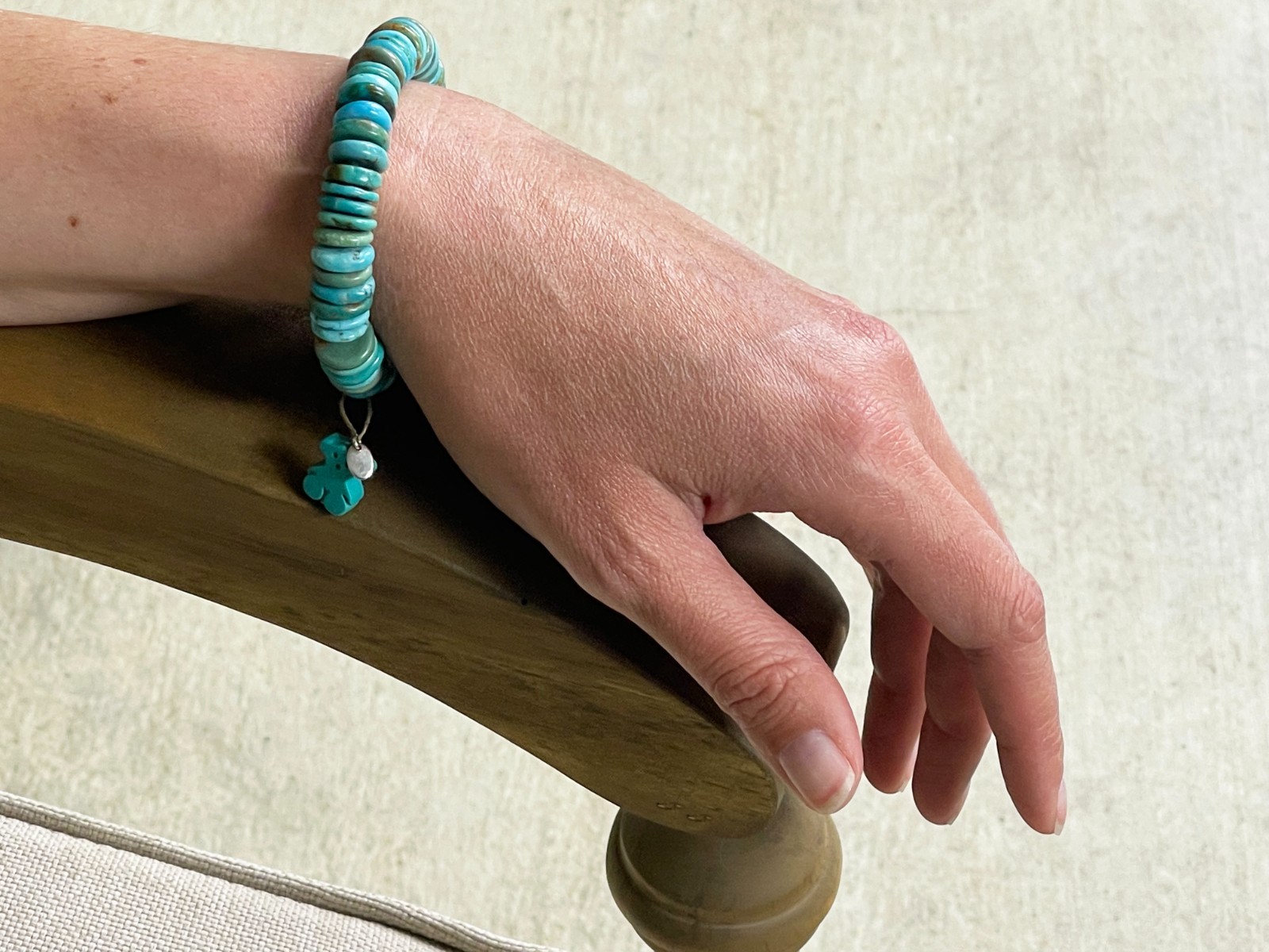 TOUS turquoise gemstone disk stretch bracelet with dangling turquoise charm bear