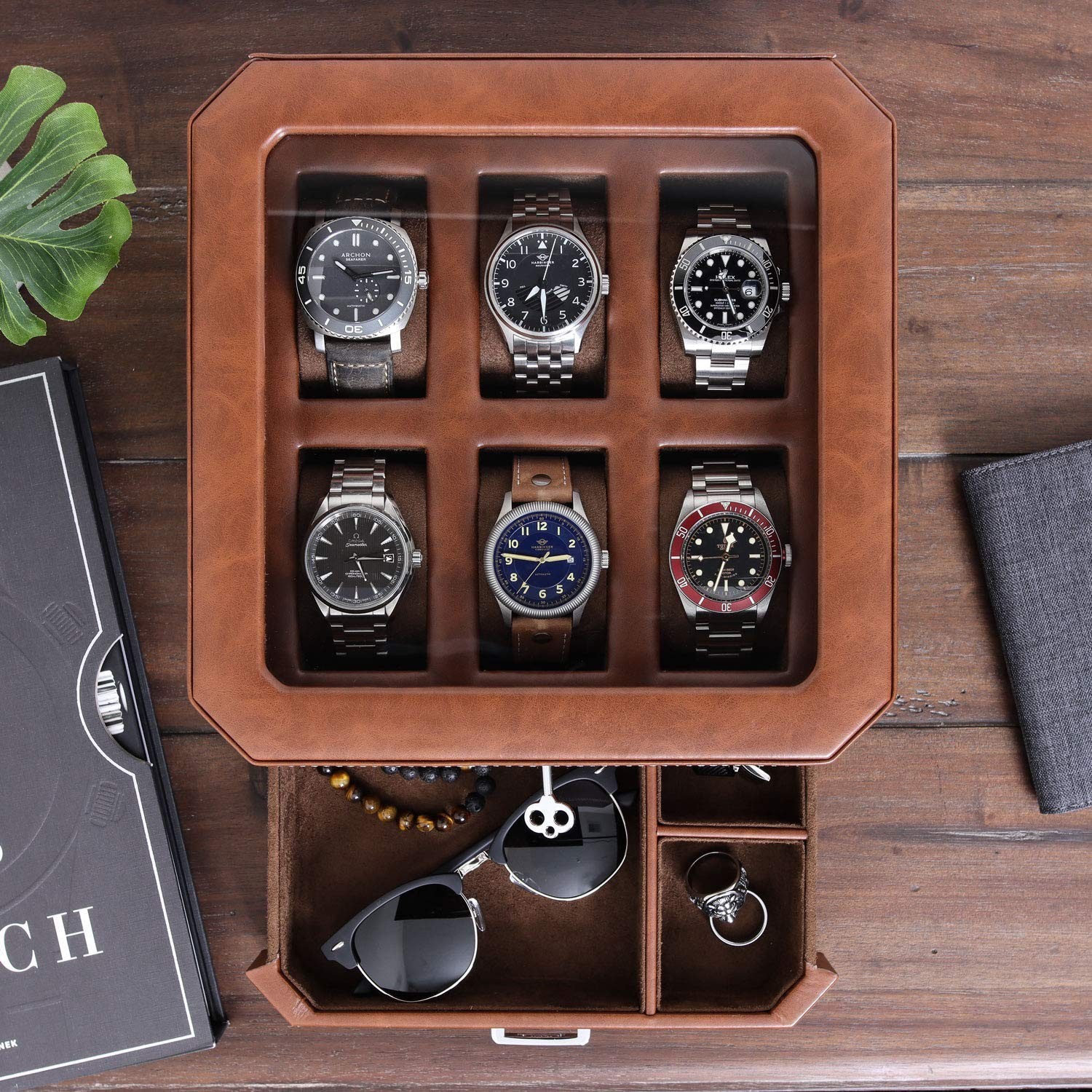 Luxury 6-Slot Leather Watch Box with Valet Drawer – Glass Top Organizer, Locking