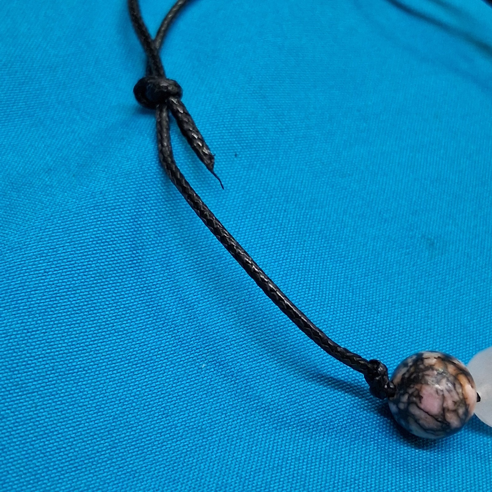 Vintage Pink & White Quartz & Stone Bead Black Cotton Cord Bangle Bracelet