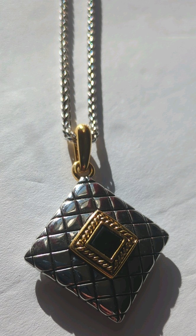 Gorgeous Necklace Square Pendant with Black and Gold Tone And Sliver Chain