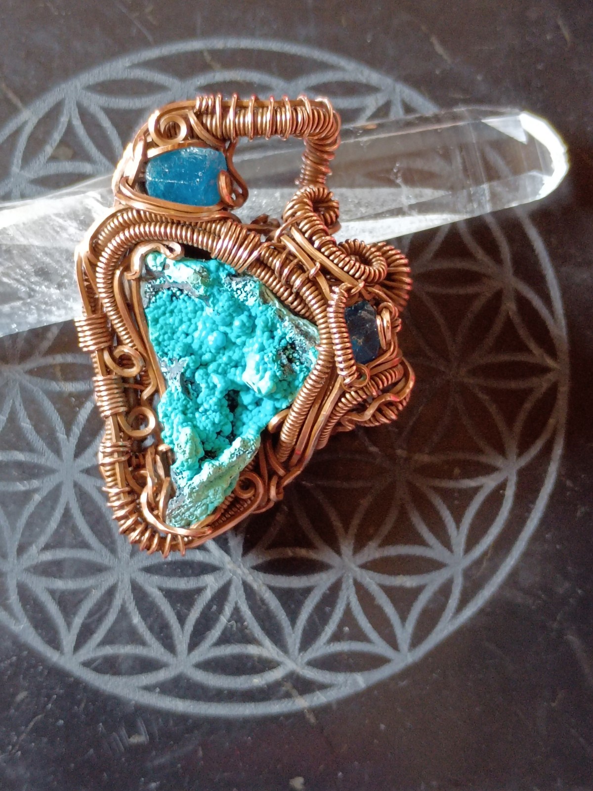 Handcrafted Wire Wrapped Natural Chrysocolla Apatite Copper Amulet Pendant