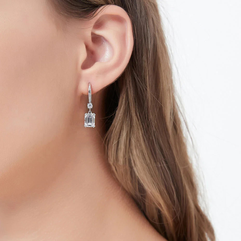 2.20 CT Emerald Cut Moissanite Drop/Dangle Earrings Solid 14K White Gold For Her