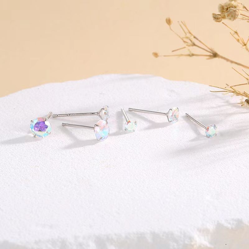 Men Women Iridescent Round Solitaire 925 Sterling Silver Mini Stud Earring GIFT