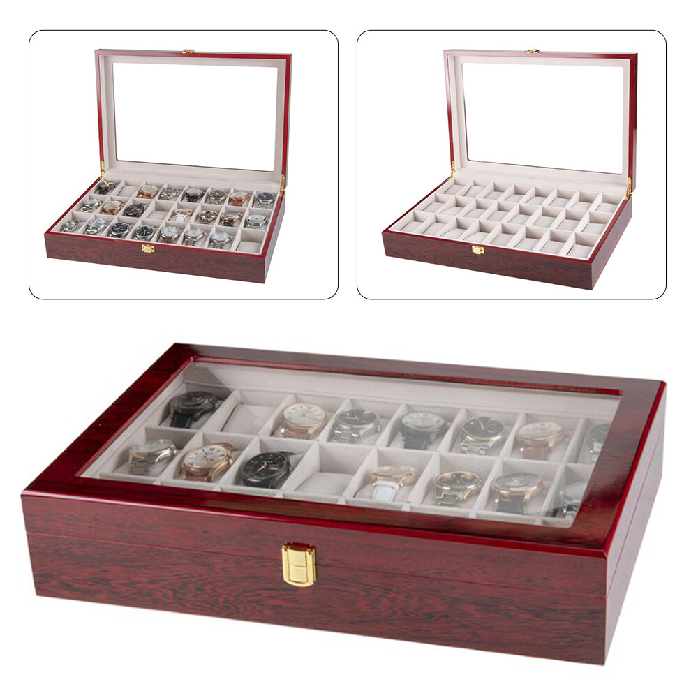 24 Slot Wooden Watch Box Display Case Glass Top Jewelry Storage Organizer + Lock