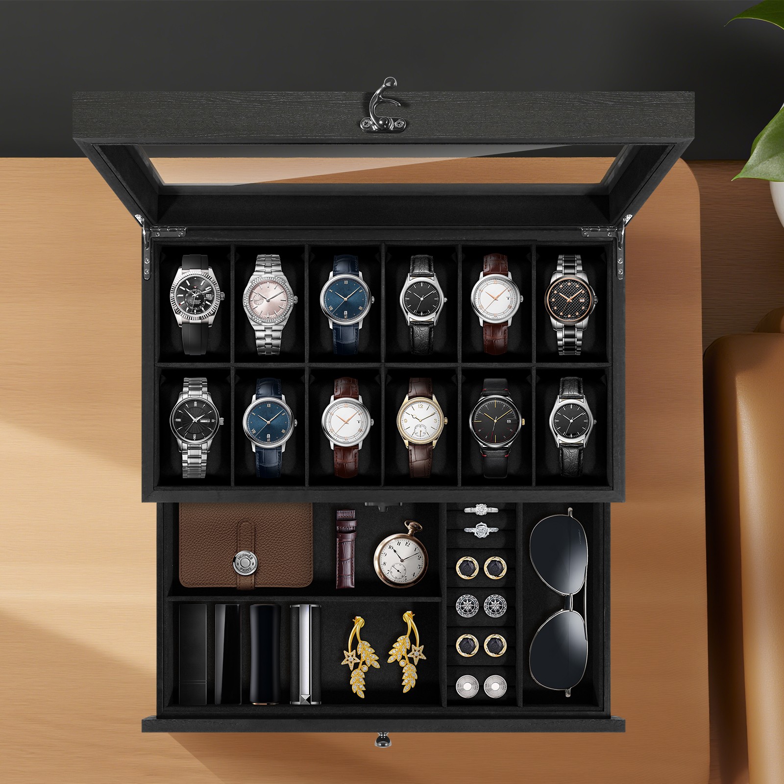 12 Slots Watch Box Organizer Solid Wood Glass Lid Watch Case Jewelry Display Box
