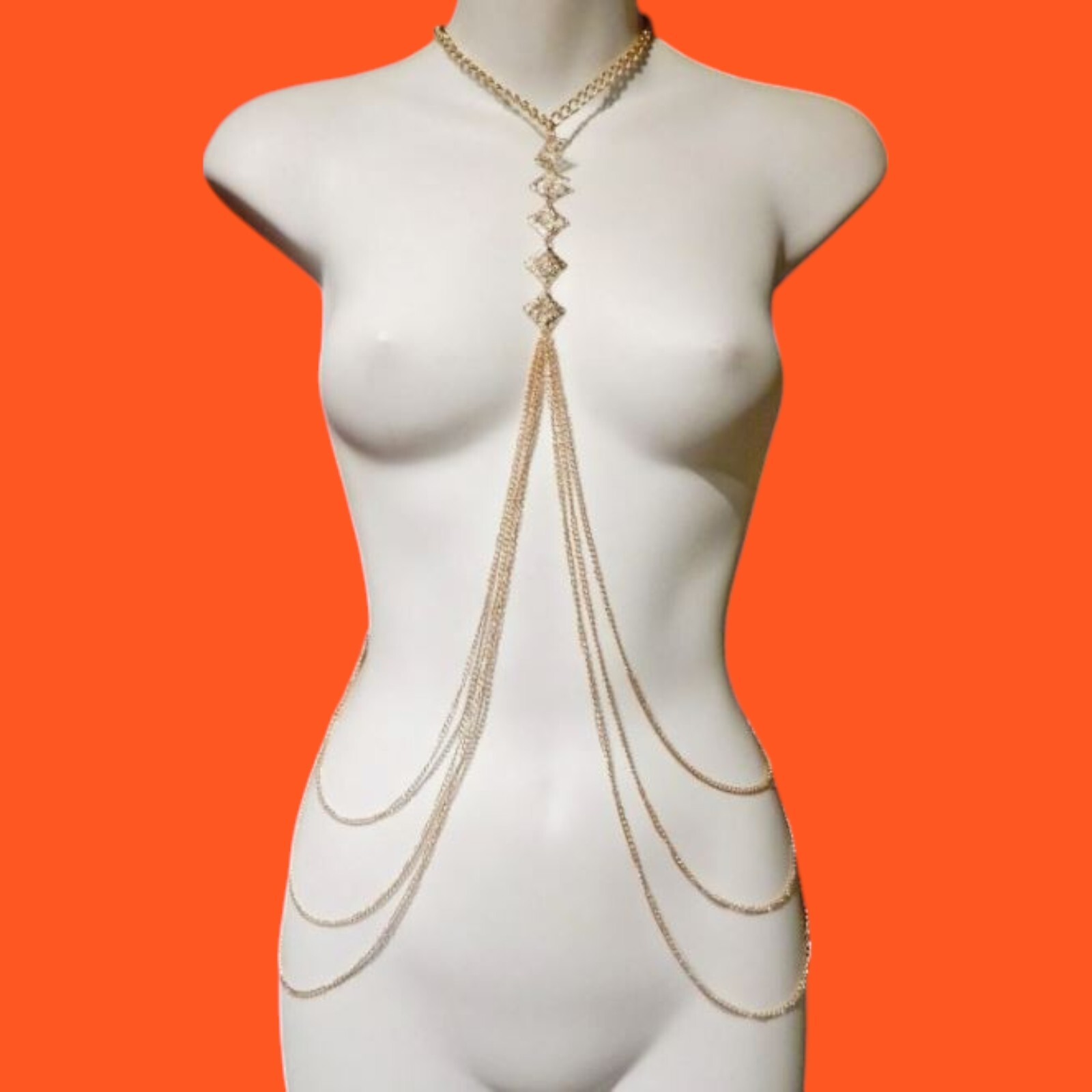 LAYERED CHAIN NECKLACE body jewelry harness draped gold tone choker Y4